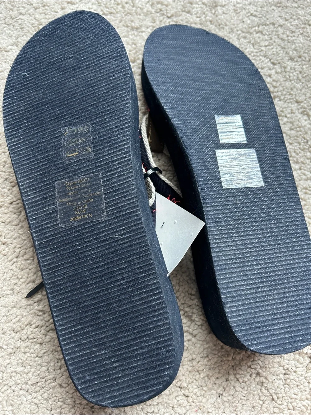 J. Crew Navy Platform Flip Flops with Coral Flamingo Embroidery